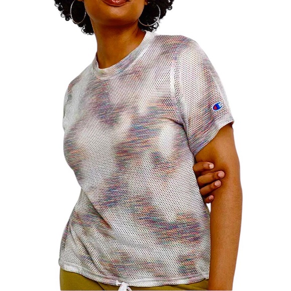 Champion Tops - Champion Women Campus Lightweight Printed Mesh Drawstring Short Sleeve T-Shirt L